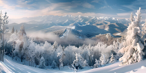 Fototapeta na wymiar panorama of the mountains, view from the top of the mountain, snowy mountain, snow covered mountains in winter Beautiful view Discover the beauty of earth.