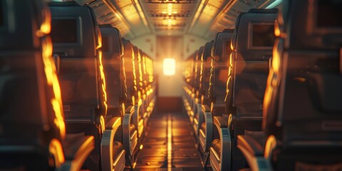 Empty passenger plane interior bathed in sunlight with luxurious leather seats. - obrazy, fototapety, plakaty