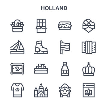 set of 16 holland concept vector line icons. 64x64 thin stroke icons such as chocolate, bridge, accordion, beer, church, cannabis, girl, holland, stroopwafel