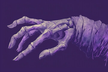 Zombie mummy skeleton scary horizontal stipple dots retro style Halloween human hand purple background