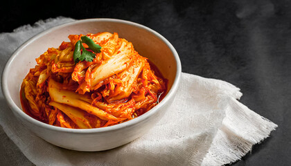 Kimchi. top view of Kimchi cabbage in white bowl, copy space, Korean dish