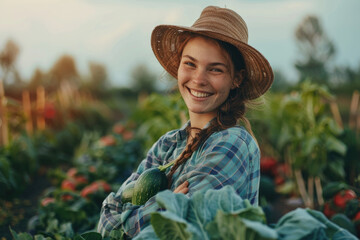 young female farmer shows an abundance of organic vegetables at a local farmer's market.