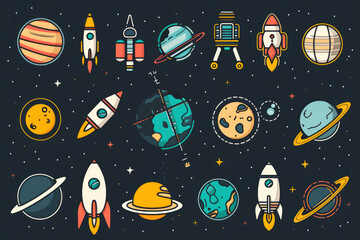 set of space and astronomy icons Linear design