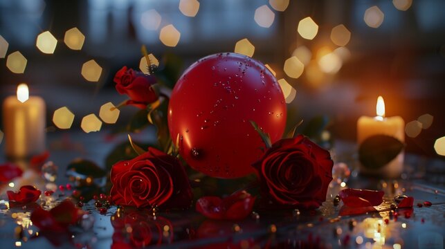 Immerse yourself in the beauty of Valentine's Day, where red roses and a red balloon take center stage on a table adorned with sparkles.

