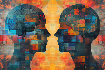 montage made from two different vectorised acrylic paintings and vector elements showing two heads with brain each one looking into opposite direction - obrazy, fototapety, plakaty