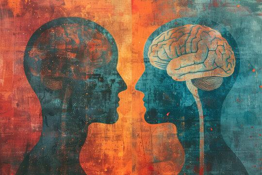 montage made from two different vectorised acrylic paintings and vector elements showing two heads with brain each one looking into opposite direction