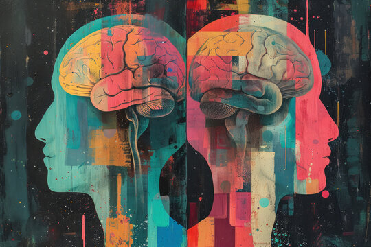 montage made from two different vectorised acrylic paintings and vector elements showing two heads with brain each one looking into opposite direction