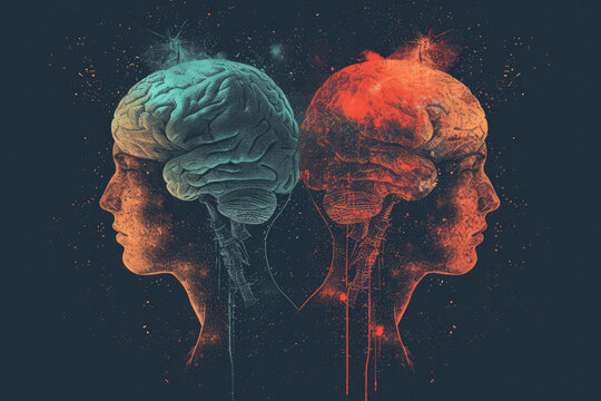 montage made from two different vectorised acrylic paintings and vector elements showing two heads with brain each one looking into opposite direction