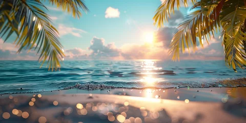Tuinposter Gentle sunrise over tranquil beach with palm leaves softly swaying © maniacvector