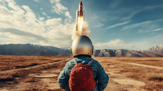 Boy riding space rocket in the sky