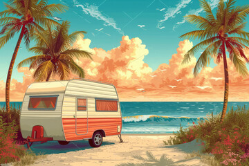 Easy editable vintage caravan and tropical beach