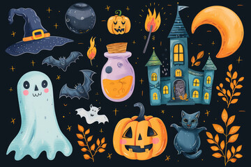 Set of cute objects for Happy Halloween. Vector illustrations of a castle, a witch, a ghost, a skeleton, a pumpkin