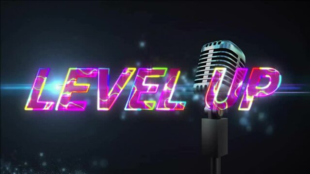 Animation of glowing level up text over retro microphone on spot light background