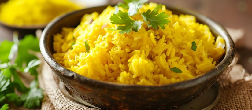 Delicious bowl of aromatic yellow rice garnished with fresh parsley leaves - Powered by Adobe