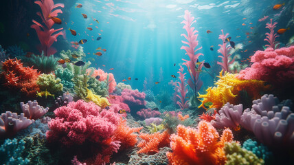 A mesmerizing underwater scene with colorful coral reefs and exotic marine life, a marine paradise...
