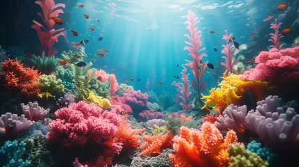  A mesmerizing underwater scene with colorful coral reefs and exotic marine life, a marine paradise encapsulated on fabric. © memoona