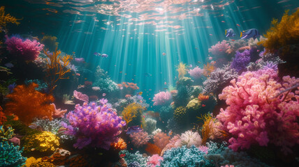Fototapeta na wymiar A mesmerizing underwater scene with colorful coral reefs and exotic marine life, a marine paradise encapsulated on fabric.