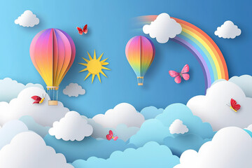 Beautiful fluffy clouds on blue sky background with summer sun, butterfly, hot air balloons and rainbow