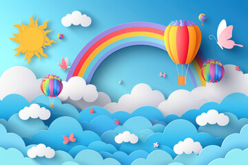 Fototapeta na wymiar Beautiful fluffy clouds on blue sky background with summer sun, butterfly, hot air balloons and rainbow