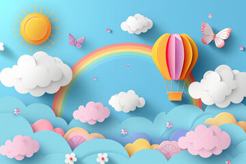 Beautiful fluffy clouds on blue sky background with summer sun, butterfly, hot air balloons and rainbow