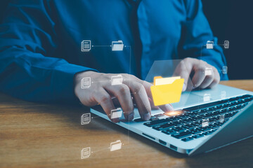 Folder document Management System DMS Open File folder with flying blank documents with computer. Data transfer backup, File Sharing, Document Transferring concept. searching and managing files.