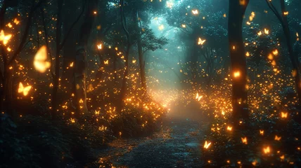 Fototapeten A mysterious and enchanting forest scene, featuring magical creatures and glowing fireflies, perfect for a fantasy-inspired t-shirt design. © memoona