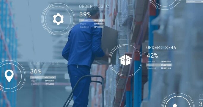 Animation of digital data processing over caucasian man working in warehouse
