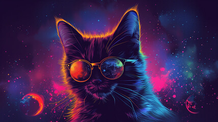 A psychedelic space cat wearing cosmic sunglasses, surrounded by swirling galaxies and cosmic vibes...