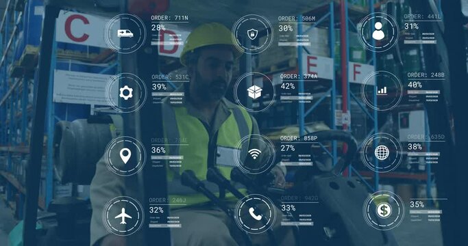 Animation of digital data processing over biracial man working in warehouse - Powered by Adobe