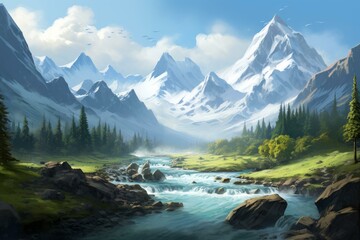 Fototapeta premium River aerial hills view. Sunny vacation. Generate Ai