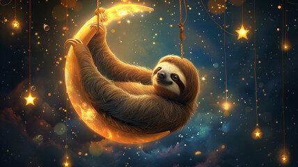 A quirky and adorable sloth hanging from a crescent moon, radiating a sense of relaxation and whimsy for a laid-back and charming t-shirt.