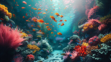 A serene underwater scene with colorful coral reefs and exotic fish, capturing the beauty of the...