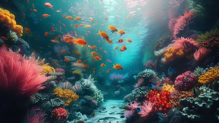 Outdoor-Kissen A serene underwater scene with colorful coral reefs and exotic fish, capturing the beauty of the ocean for a tranquil and nature-inspired t-shirt graphic. © memoona