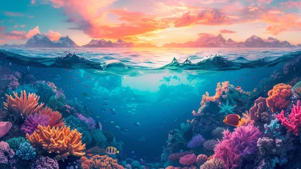 Foto auf Alu-Dibond A serene underwater scene with colorful coral reefs and exotic fish, capturing the beauty of the ocean for a tranquil and nature-inspired t-shirt graphic. © memoona