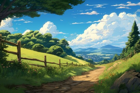 Road view anime visual novel game. Tree summer. Generate Ai