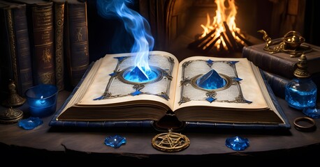 A magical book rests on a dark shelf, a vibrant blue essence spiraling upwards, creating a contrast with the ambient candle flames. Its ancient bindings suggest a trove of knowledge from bygone eras. - obrazy, fototapety, plakaty