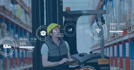 Animation of digital data processing over caucasian man working in warehouse - Powered by Adobe