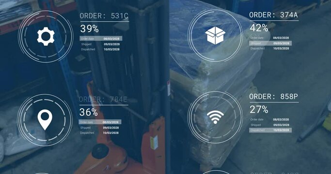 Animation of digital data processing over biracial man in forklift working in warehouse