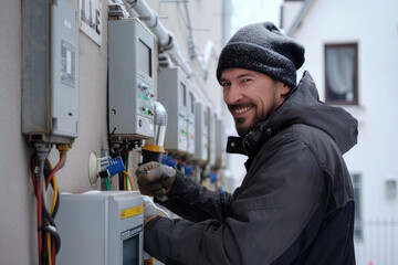 Happy electrician fixing problems of automatic electric meter