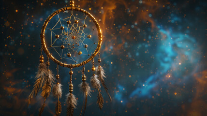 A surreal dreamcatcher floating in a starry night sky, weaving together the mystical and the celestial on fabric. - obrazy, fototapety, plakaty