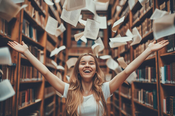 joyful young woman celebrating success with papers flying in the air in a library,  achievement...