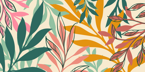 Abstract art vintage colors tropical line art leaves background vector. Wallpaper design with leaves shapes and scribble doodle linear leaf. vintage botanical floral pattern