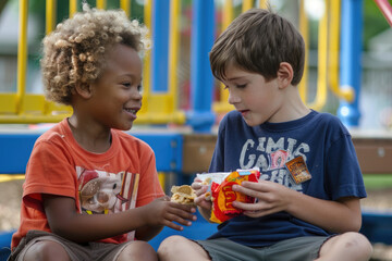 Kindergarten boy sharing snack with another child on the playground