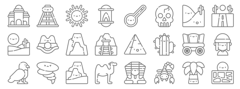 desert line icons. linear set. quality vector line set such as drought, scorpion, camel, eagle, wagon, cave, road, thermometer, oil derrick