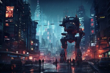 Robot ai city night. Futuristic thinking. Generate Ai - obrazy, fototapety, plakaty