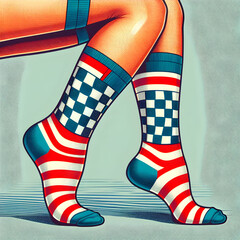 Fototapeta premium legs in socks. sock, socks, woman, legs, foot, striped, leg, stockings, fashion, feet, colorful, color, clothing, funny, stripe,Ai generated 