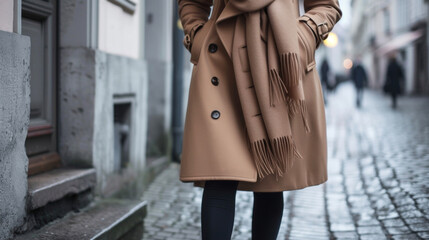 A classic trench coat in a muted camel shade paired with a cashmere scarf and leather loafers. This timeless and understated look is perfect for a day of strolling through historic