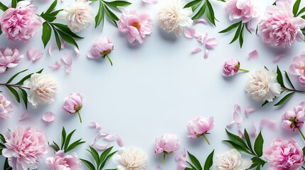 beautiful pink and white blooming peonies with green leaves on a white background with copy space.
