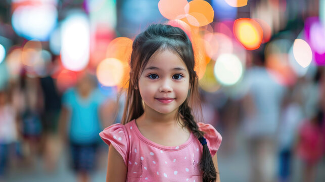 portrait of beautiful little girl walking alone in busy city street with crowd blur background
