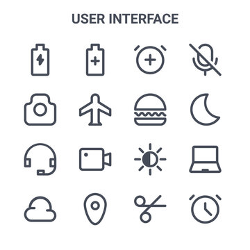 set of 16 user interface concept vector line icons. 64x64 thin stroke icons such as battery, camera, night mode, contrast, location, clock, cutting, hamburger, mute